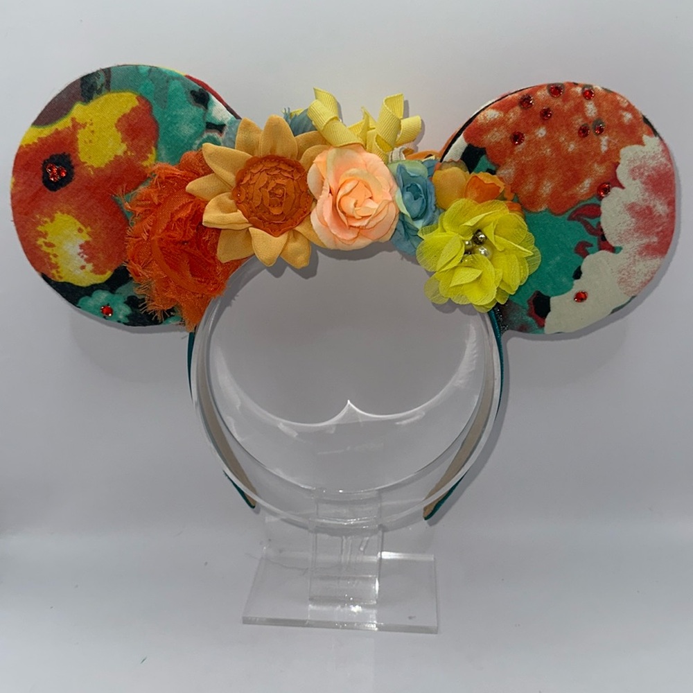 Colorful Floral Inspired Minnie Ears Headband with Bows & Sequins